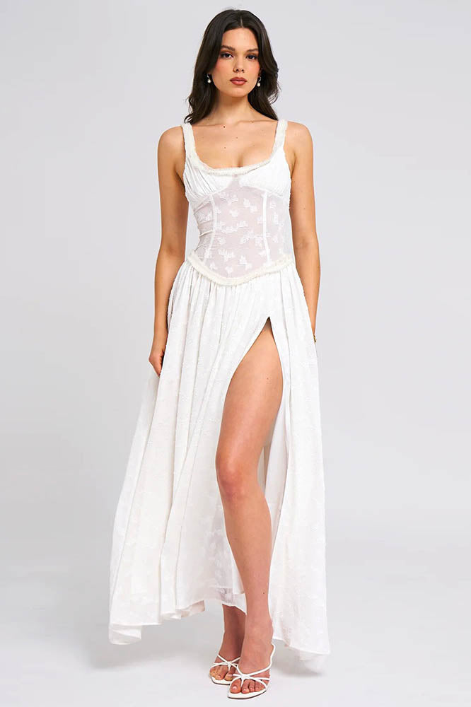 Hot Girl Open-Back Ruched Slit Strap Midi-Length Dress