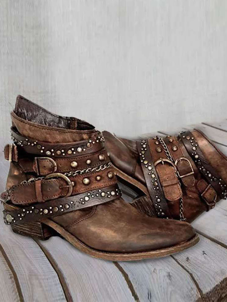 Retro Washed Studded Buckles Ankle Boots