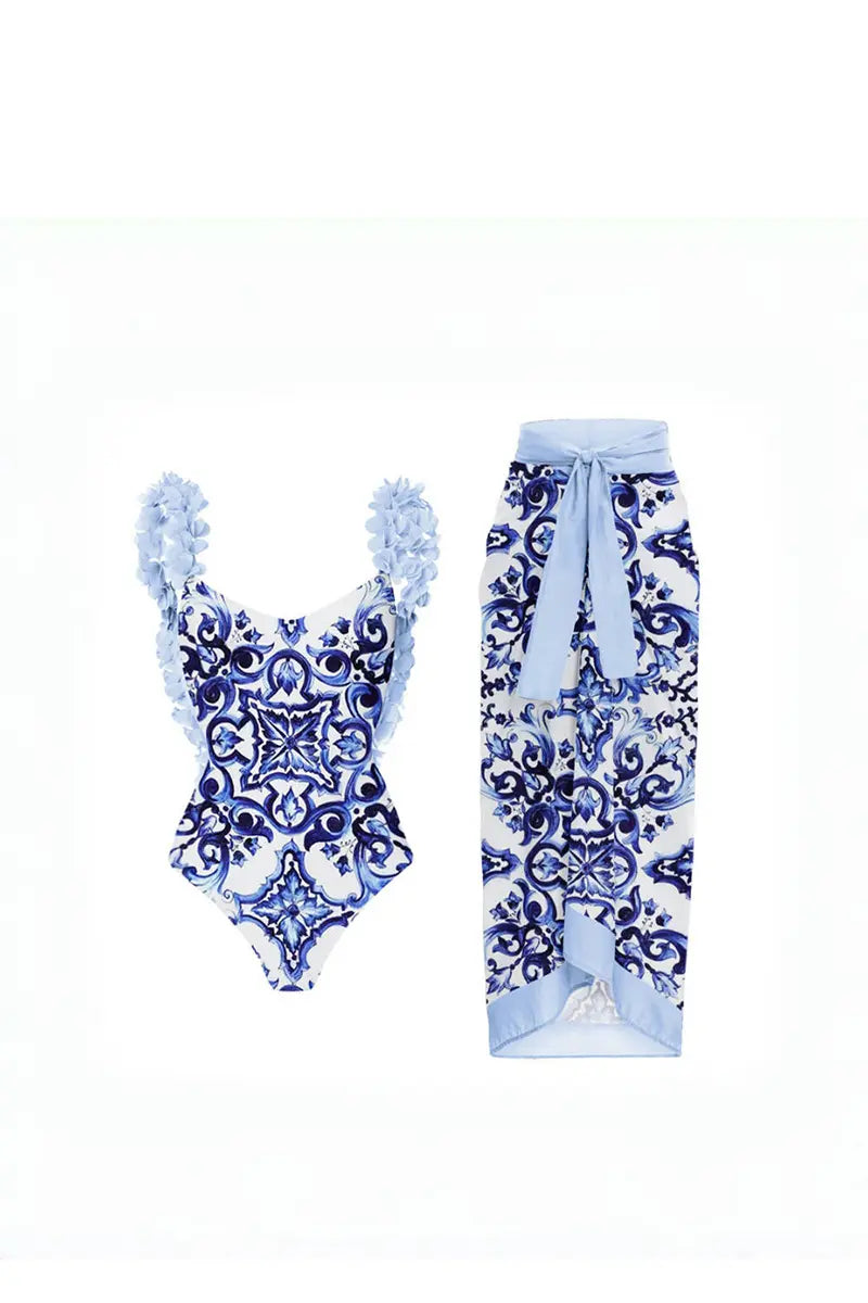 Modern Blue One-Piece Bikini with Handmade Applique