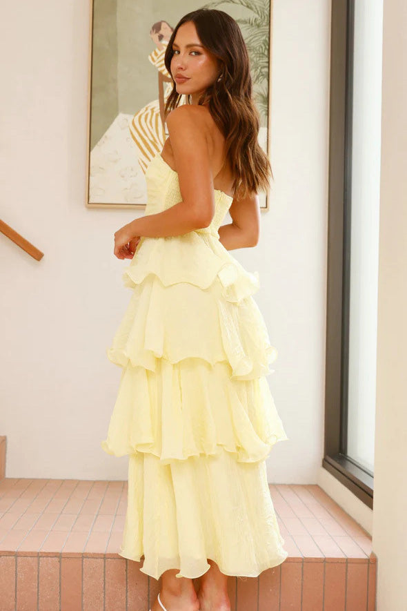 Sexy Stylish Strapless Open-Back Tiered Midi-Length Dress