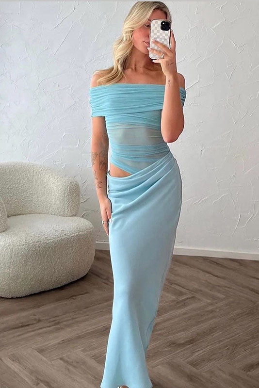 Sheer Mesh Off-Shoulder Maxi-Length Dress