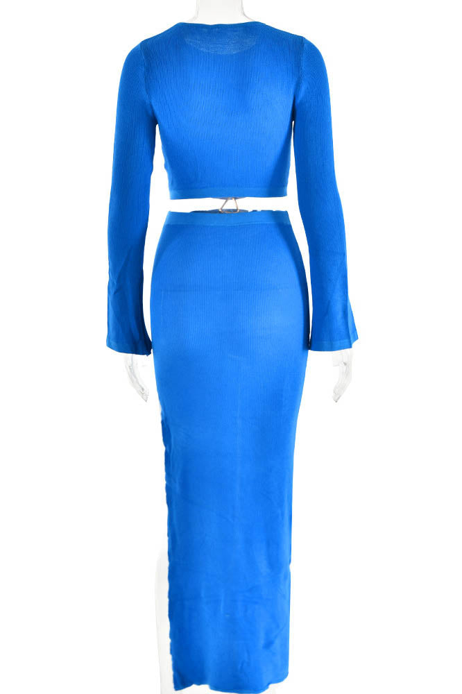 Crew Neck Knit & Slit Skirt Set
