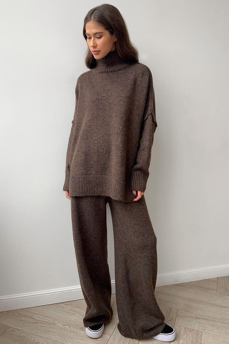 Turtleneck Split Knit Sweater Loose Knit Trousers Set