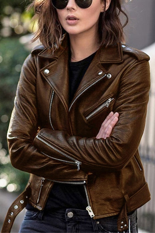 Vintage Faux Leather Jacket with Lapels and Zipper