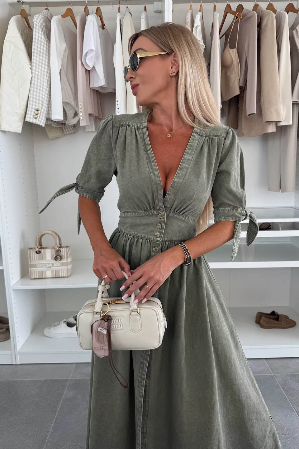 Clean-Lined V-Neck Buttoned Denim Gown