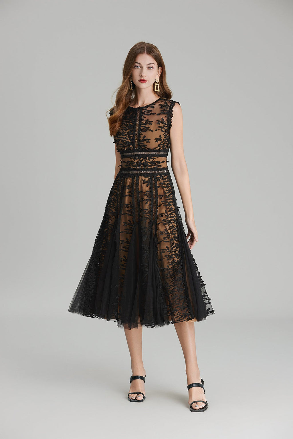 Maelle Crew Neck Mesh Embroidered Midi-Length Dress In Beige
