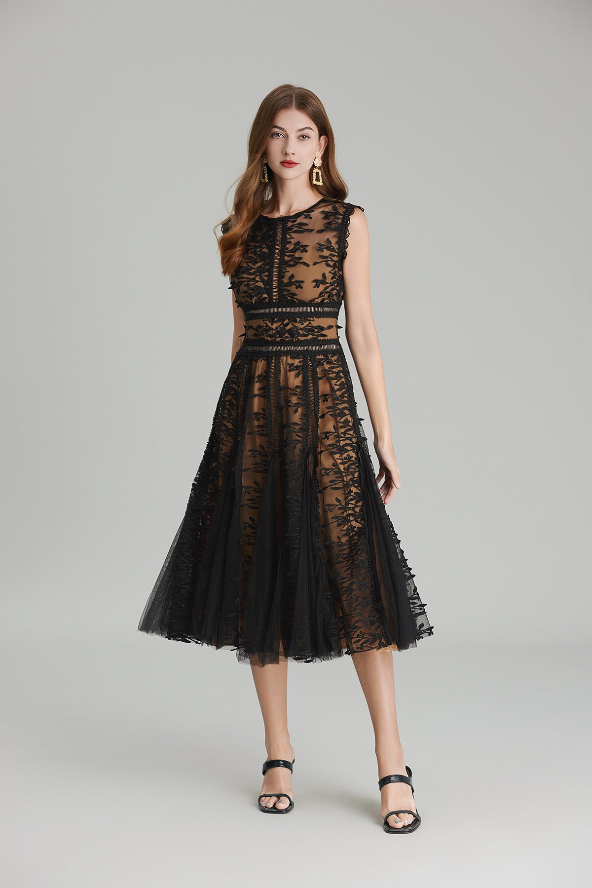 Maelle Crew Neck Mesh Embroidered Midi-Length Dress In Beige