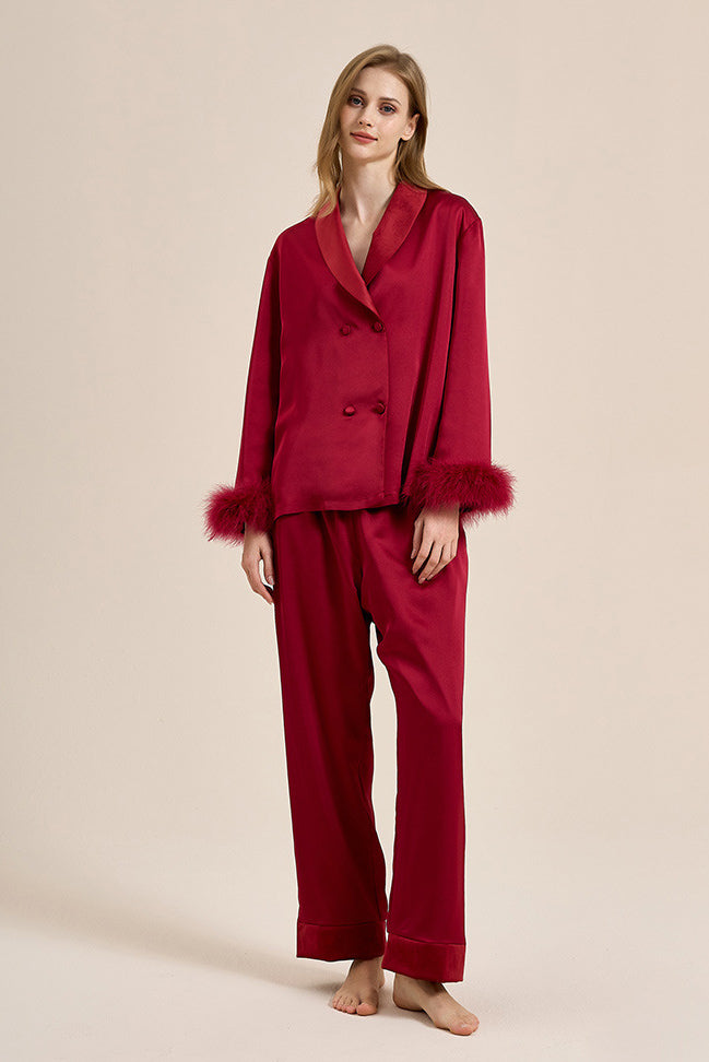 Coordinated Feather Trim Red Pyjamas Set