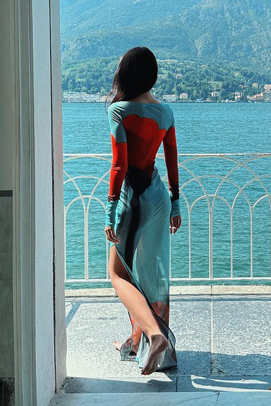 Abstract Print Sheer Maxi-Length Dress