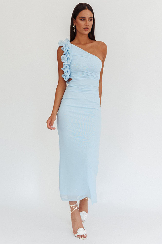 Statement Flower One-Shoulder Fitted Midi-Length Dress