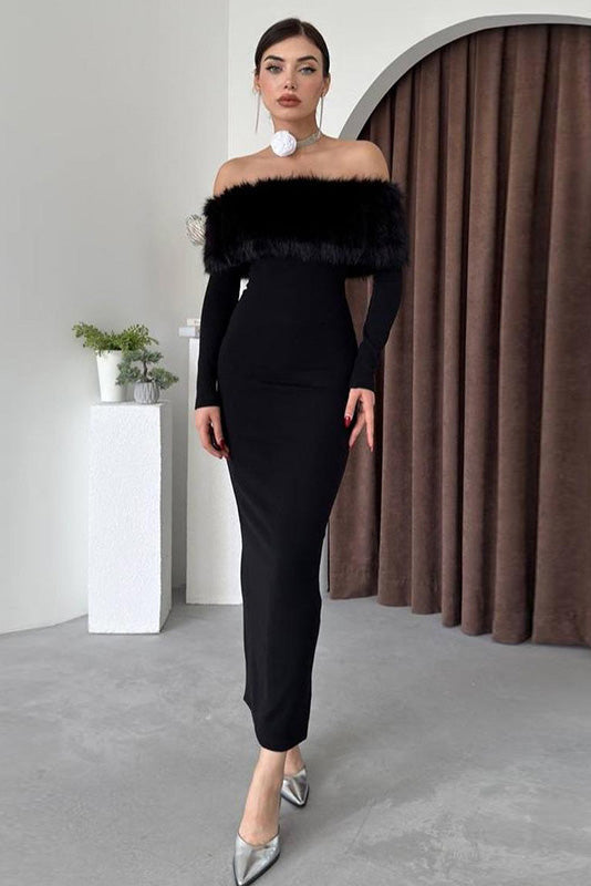 Fur Collar Off-shoulder Midi-Length Dress