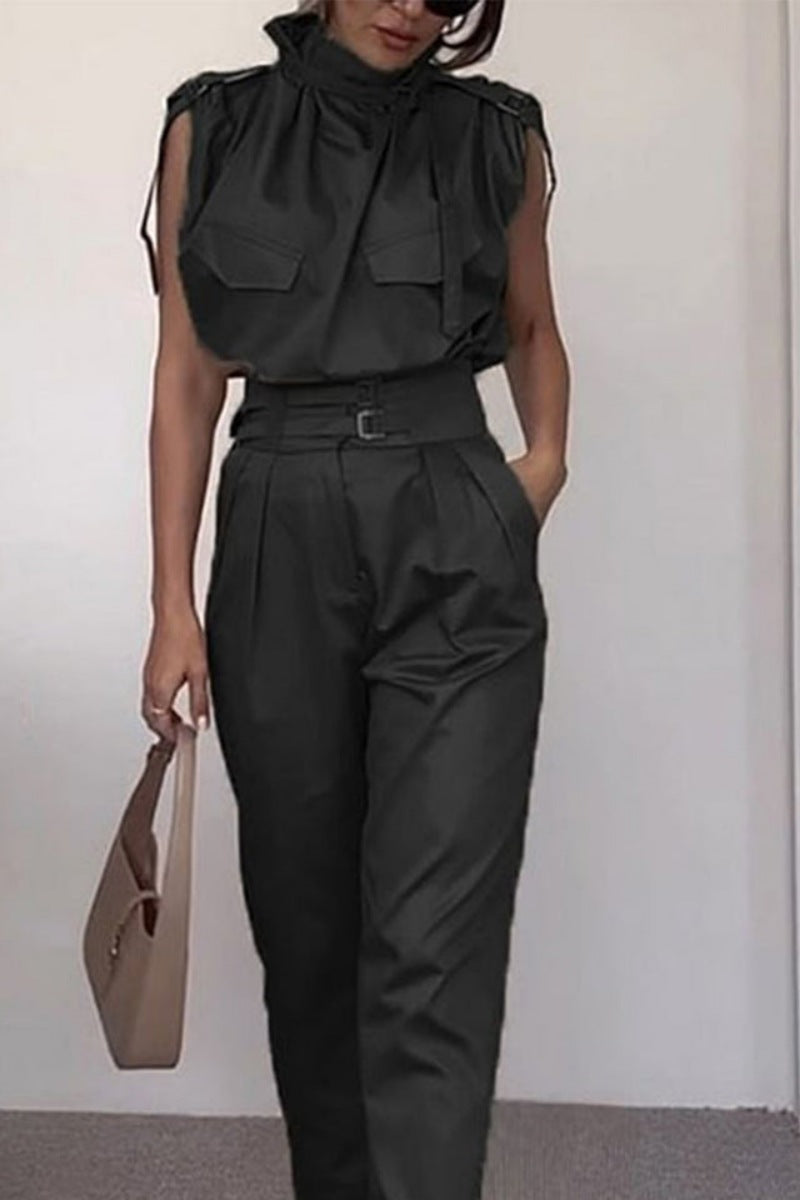 Coordinated Side Pocket Belt Long Pant Set In Sage