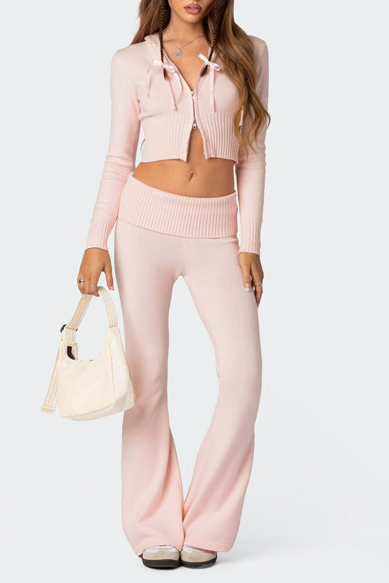 Ruched Crop Top & Flare Leg Trousers Set