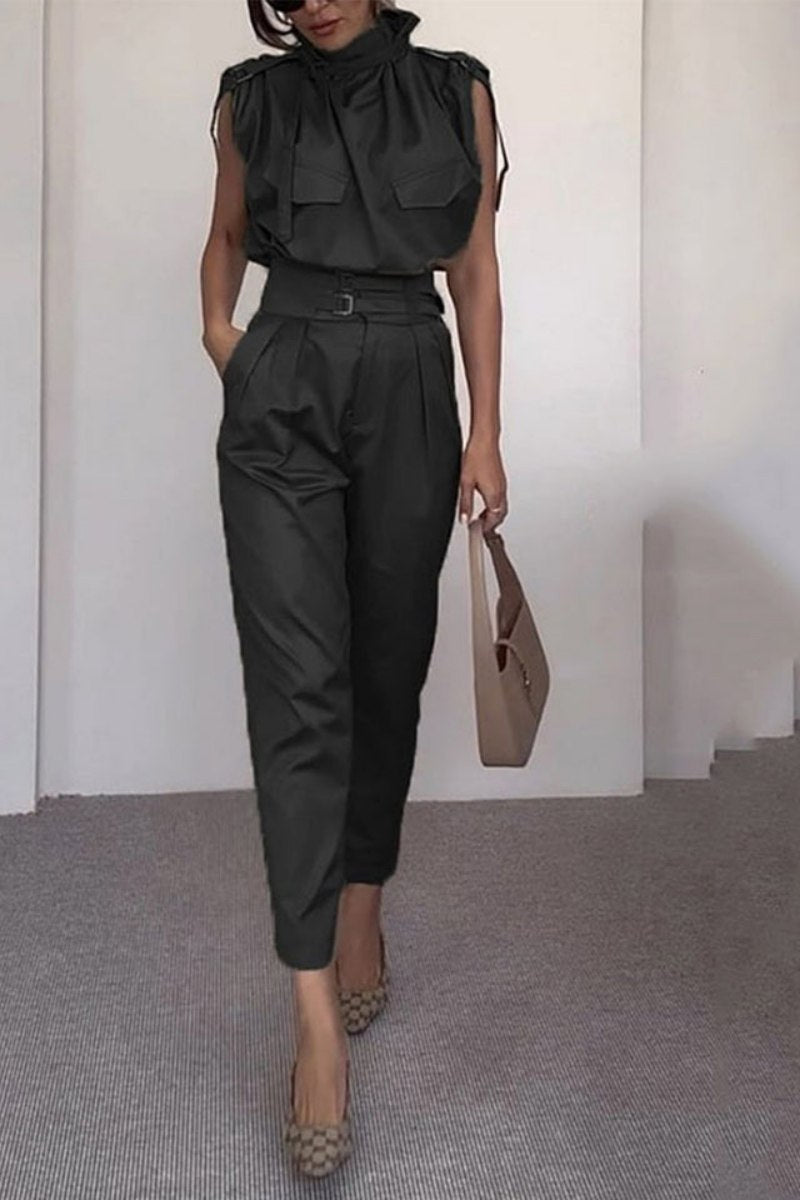 Coordinated Side Pocket Belt Long Pant Set In Sage