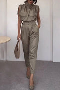 Coordinated Side Pocket Belt Long Pant Set In Sage