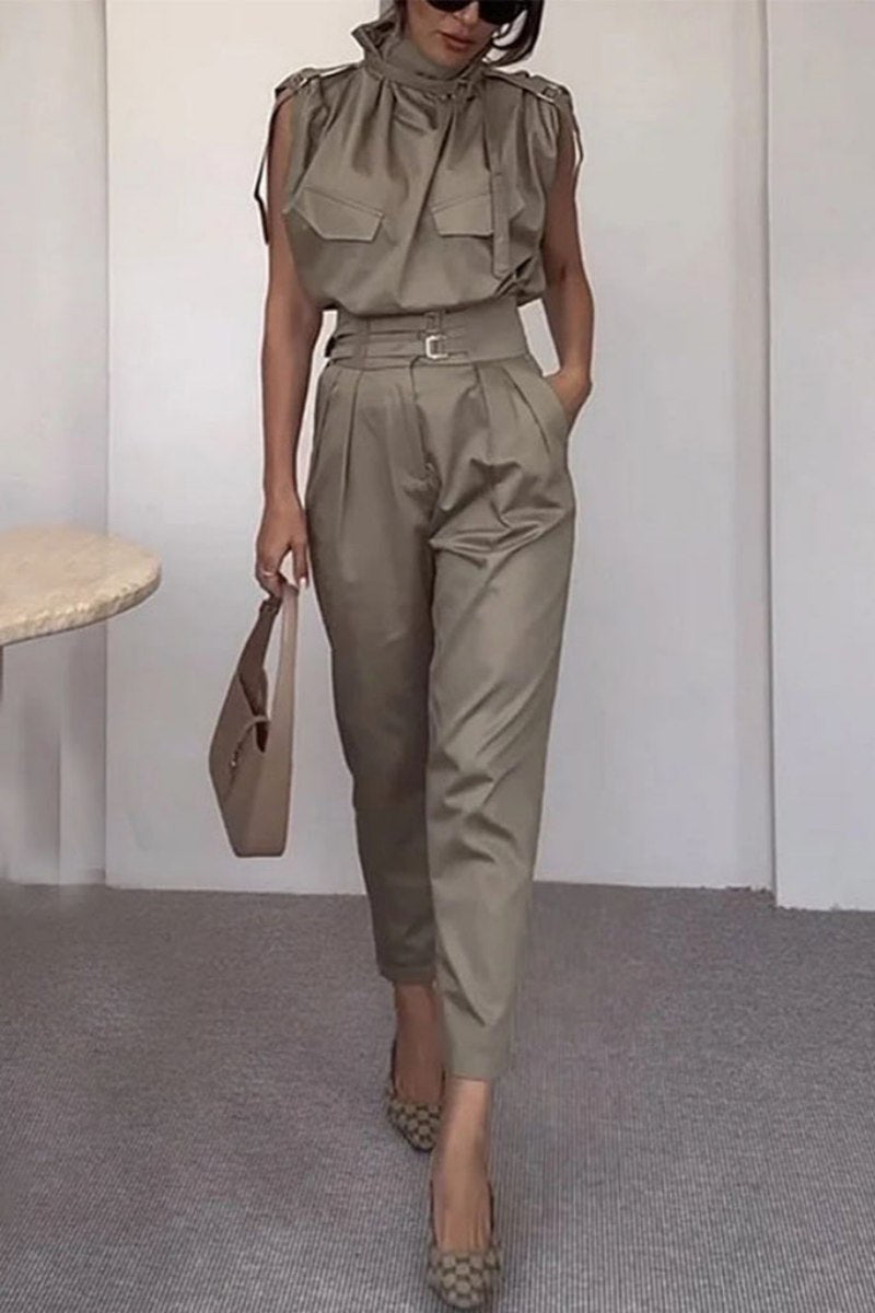 Coordinated Side Pocket Belt Long Pant Set In Sage