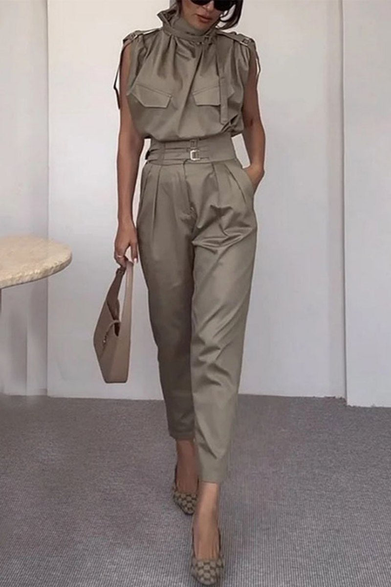 Coordinated Side Pocket Belt Long Pant Set In Sage
