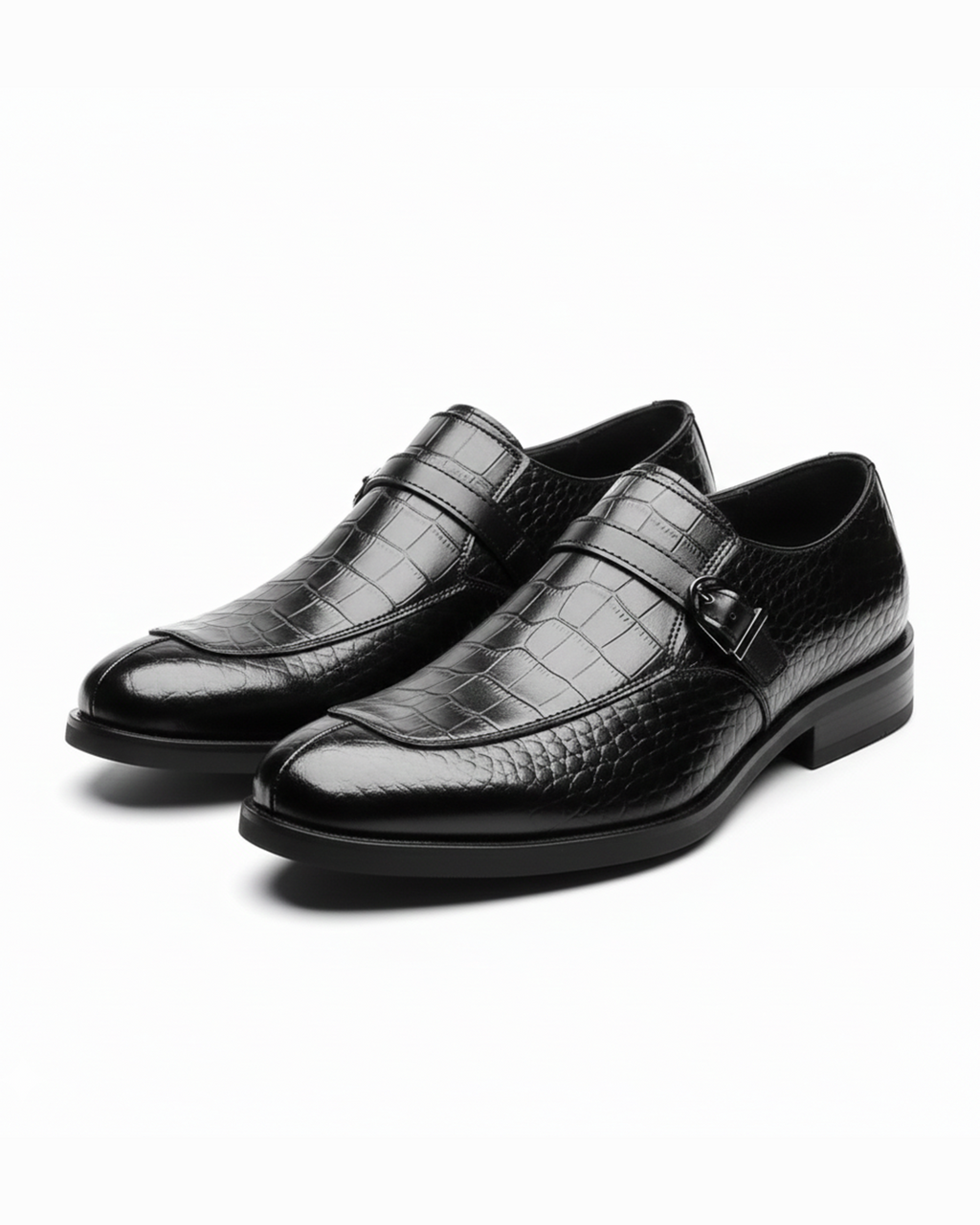 Polished Leather Monk Strap Shoes with Croc-Embossed Texture