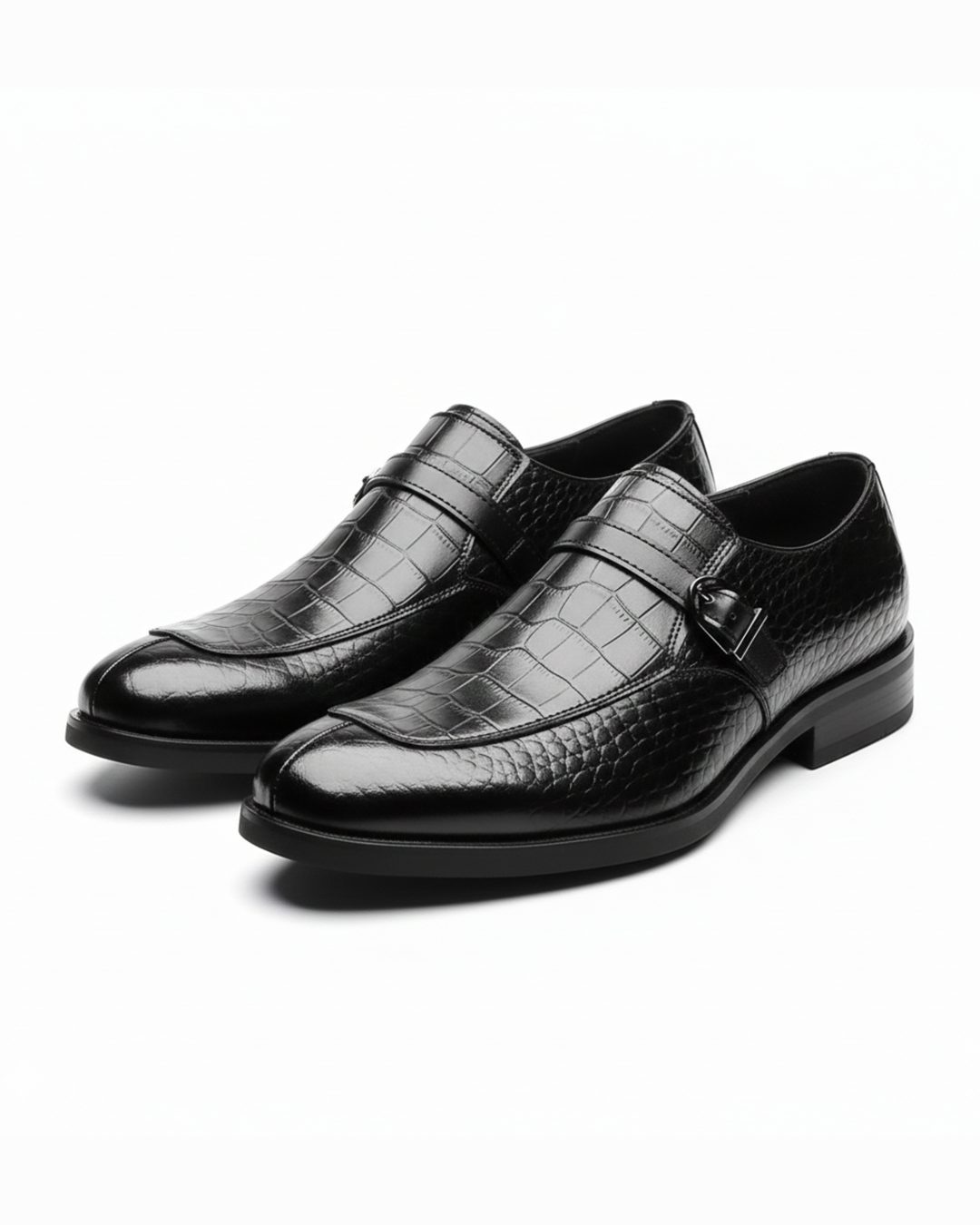 Polished Leather Monk Strap Shoes with Croc-Embossed Texture