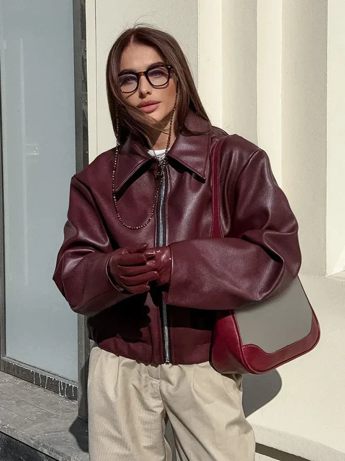 Red Vintage Leather Jacket with a Zipper
