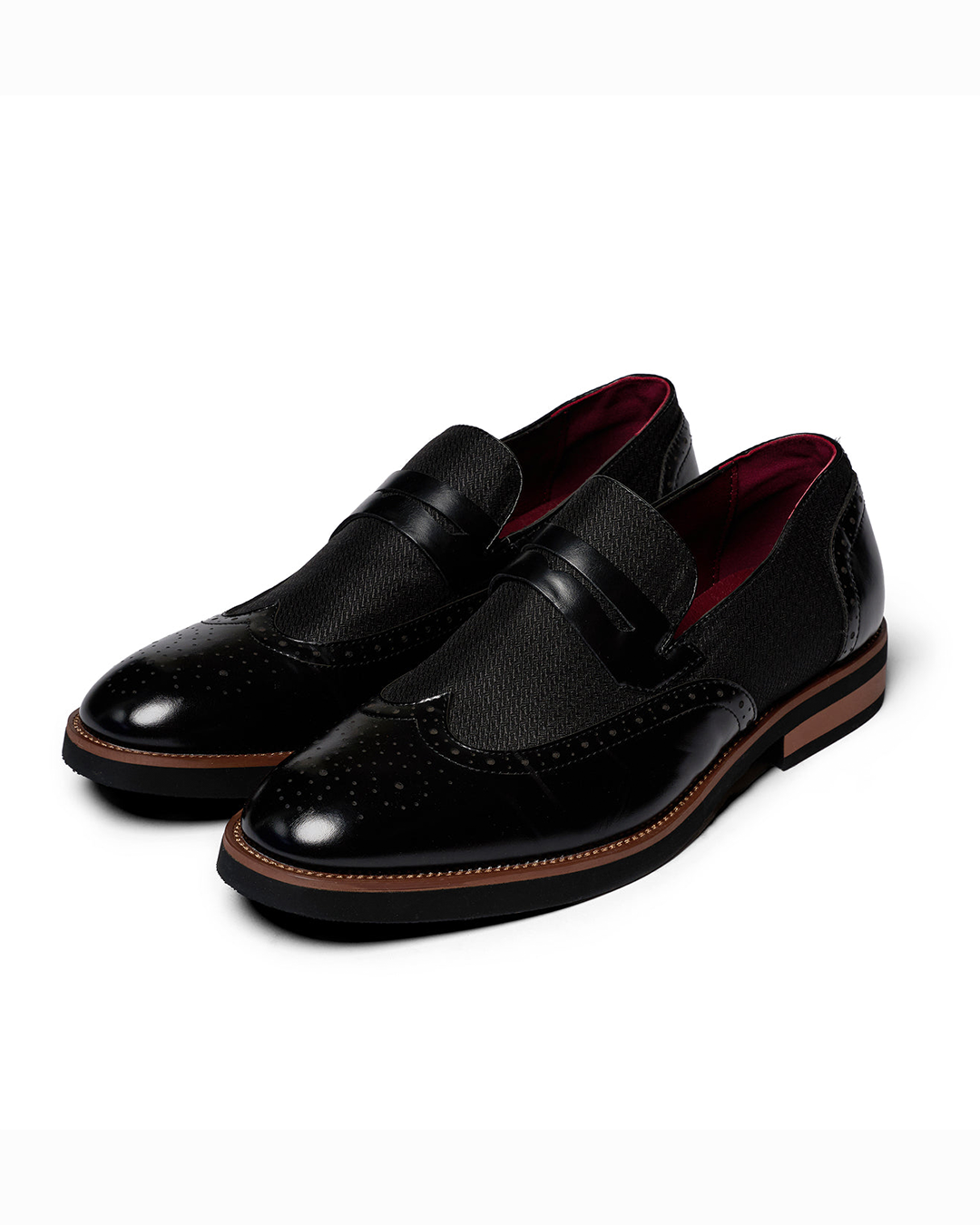 Polished Leather Loafers with Wingtip Brogue Detail