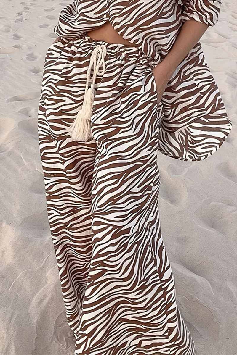 Button Open Collar Loose Zebra Print Drawstring Wide-Leg Trousers-Set