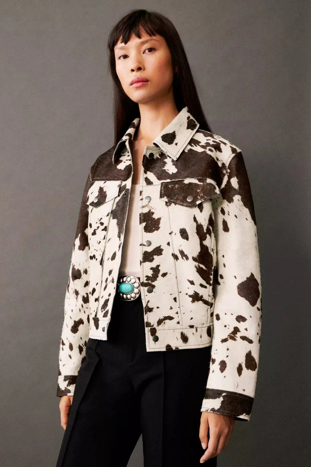 Modern Cow Print Faux Fur Shirt-Style Jacket