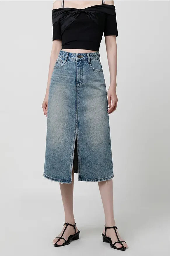 High-Waisted Slit Denim Skirt