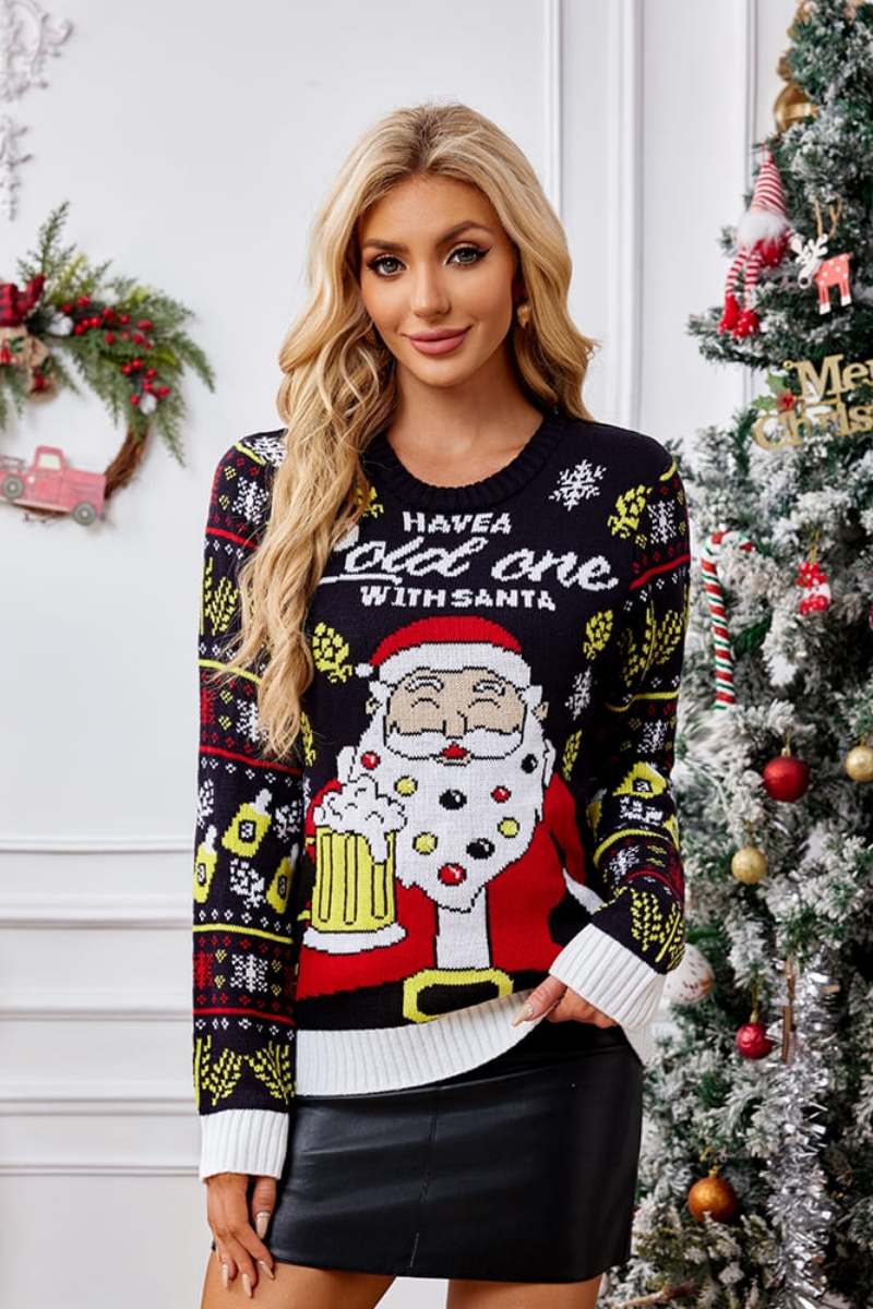 Relaxed Crew Neck Knit Sweater - Santa Claus Enjoying a Beer