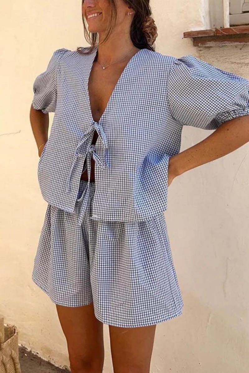 Coordinated Plaid Front Lace-up Puff Sleeve Top and Elastic Waist Shorts Set