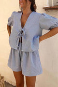 Coordinated Plaid Front Lace-up Puff Sleeve Top and Elastic Waist Shorts Set
