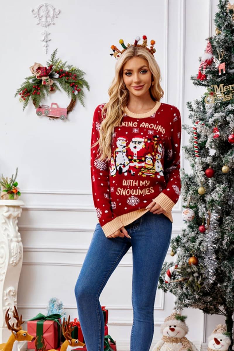 Relaxed Crew Neck Embroidered Knit Sweater - Santa Claus & Penguin