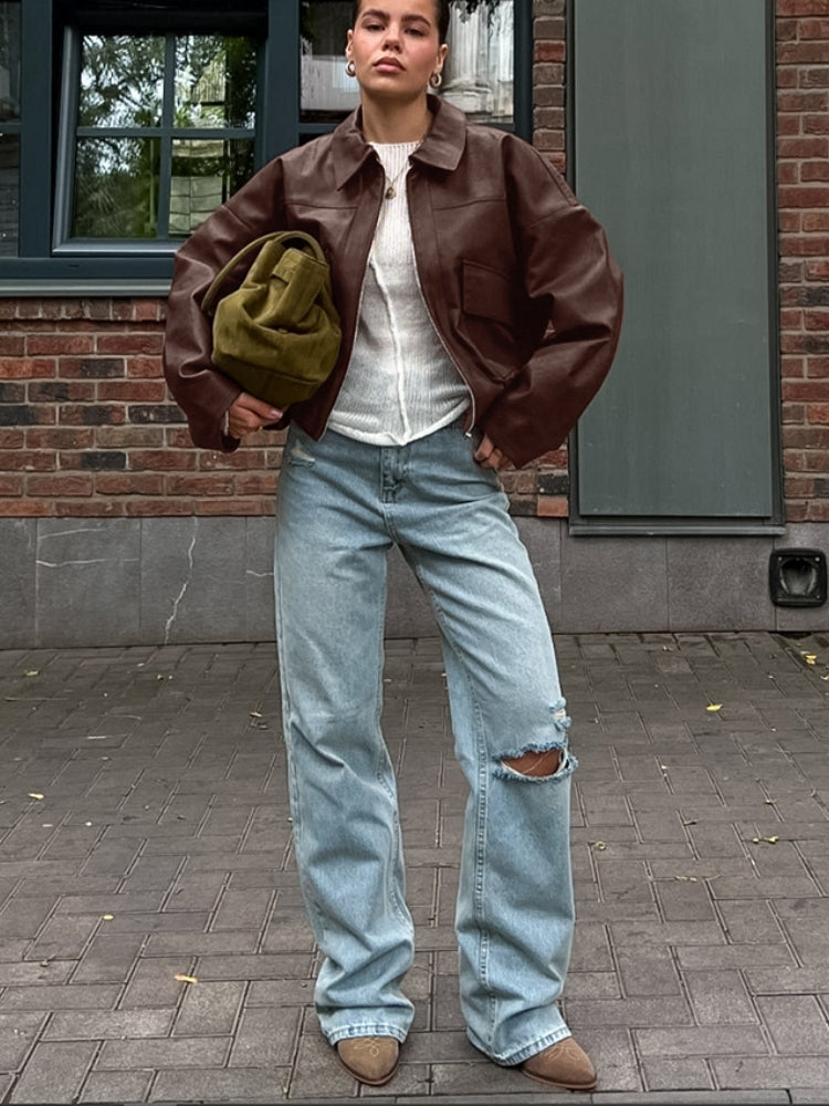 Oversized Leather Jacket with Stand Collar