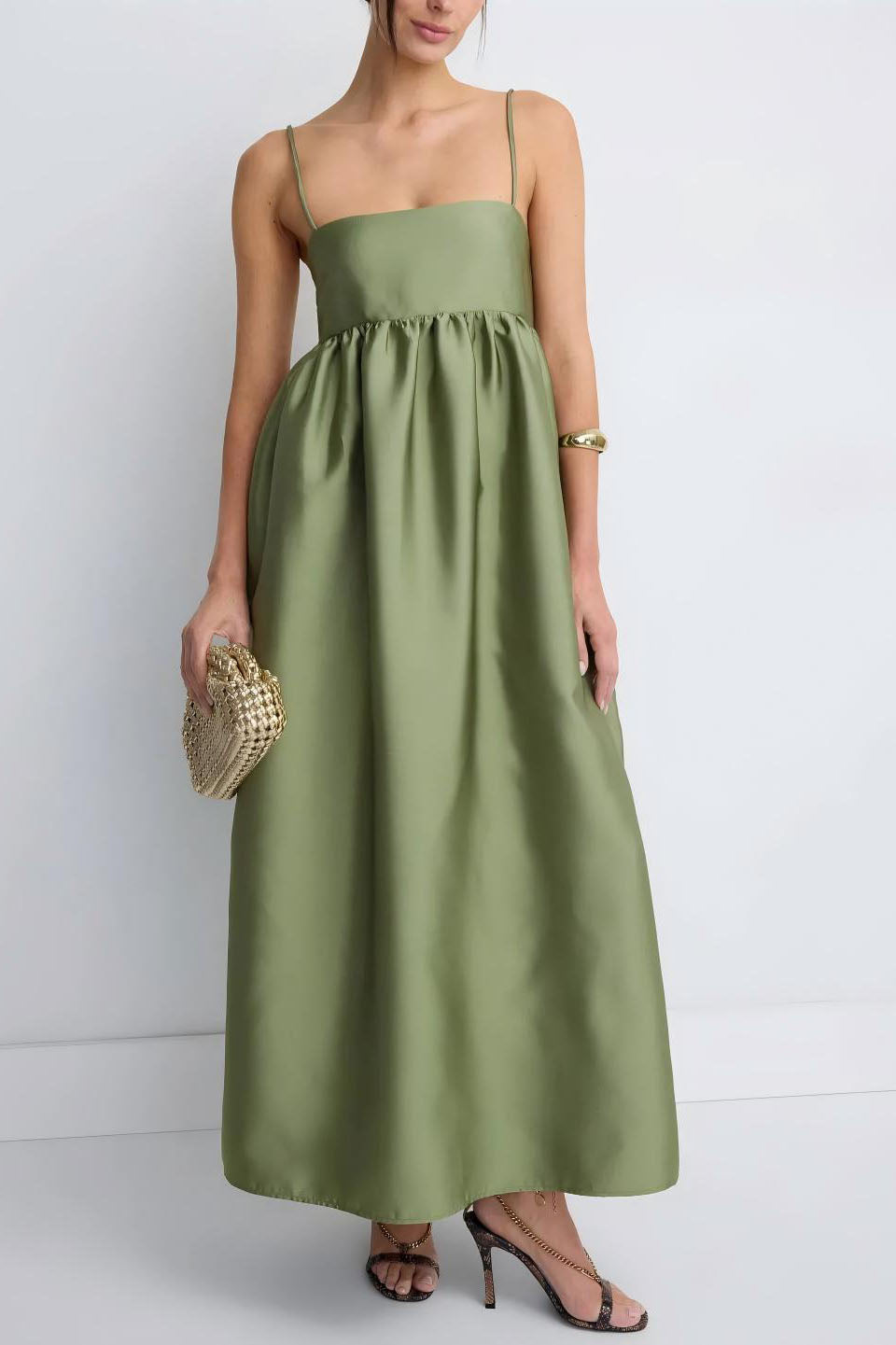 Clean-Lined Olive Green Babydoll Midi-Length Dress