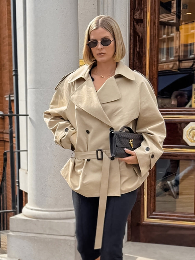 Coat with a Fitted Cut, Lapel Collar and Belt