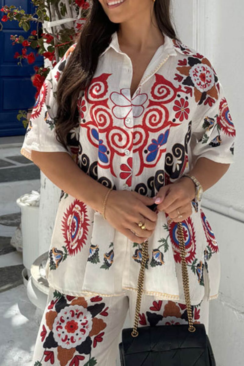 Distinctive And Exquisite Ethnic Flower Print Elastic Waist Pocket Wide-Leg Trousers-Set