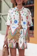 Distinctive Print Button Loose Shirt Aad Elastic Waist Pocket Shorts Set