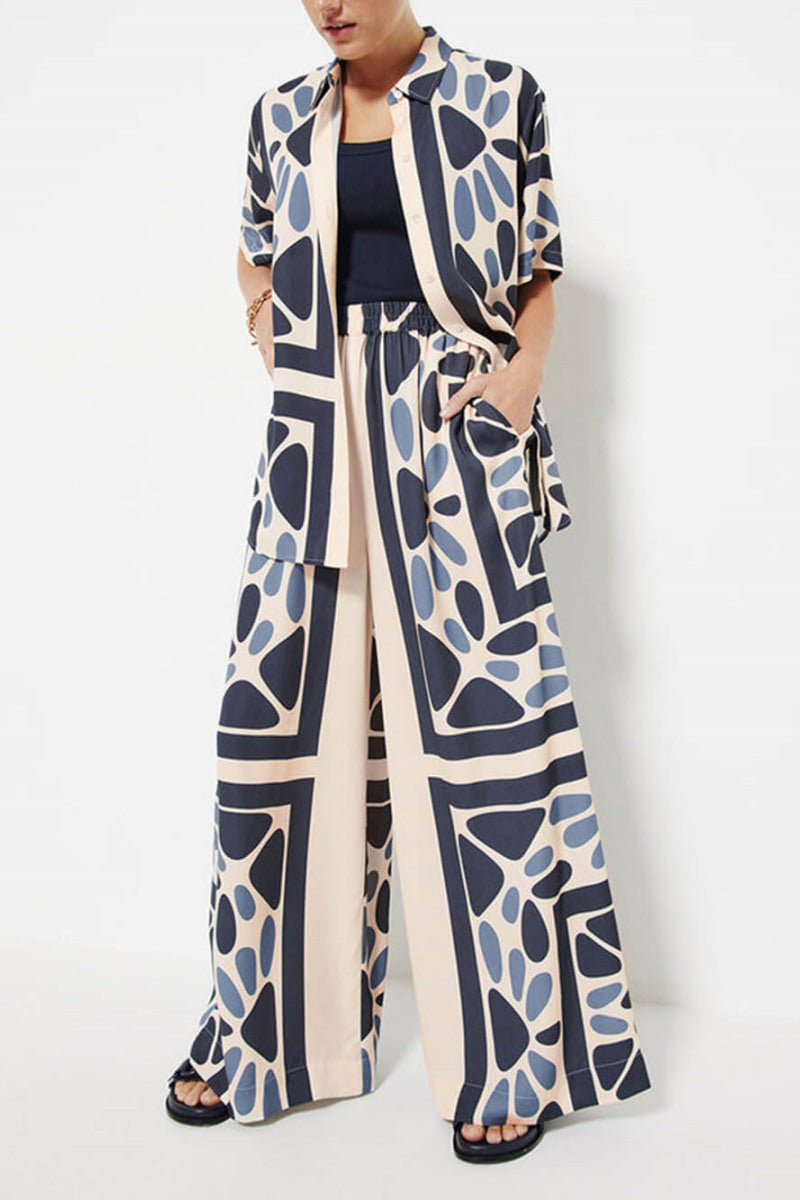 Summer Vacation Style Distinctive Ethnic Print Loose Waist Elastic Trousers-Set