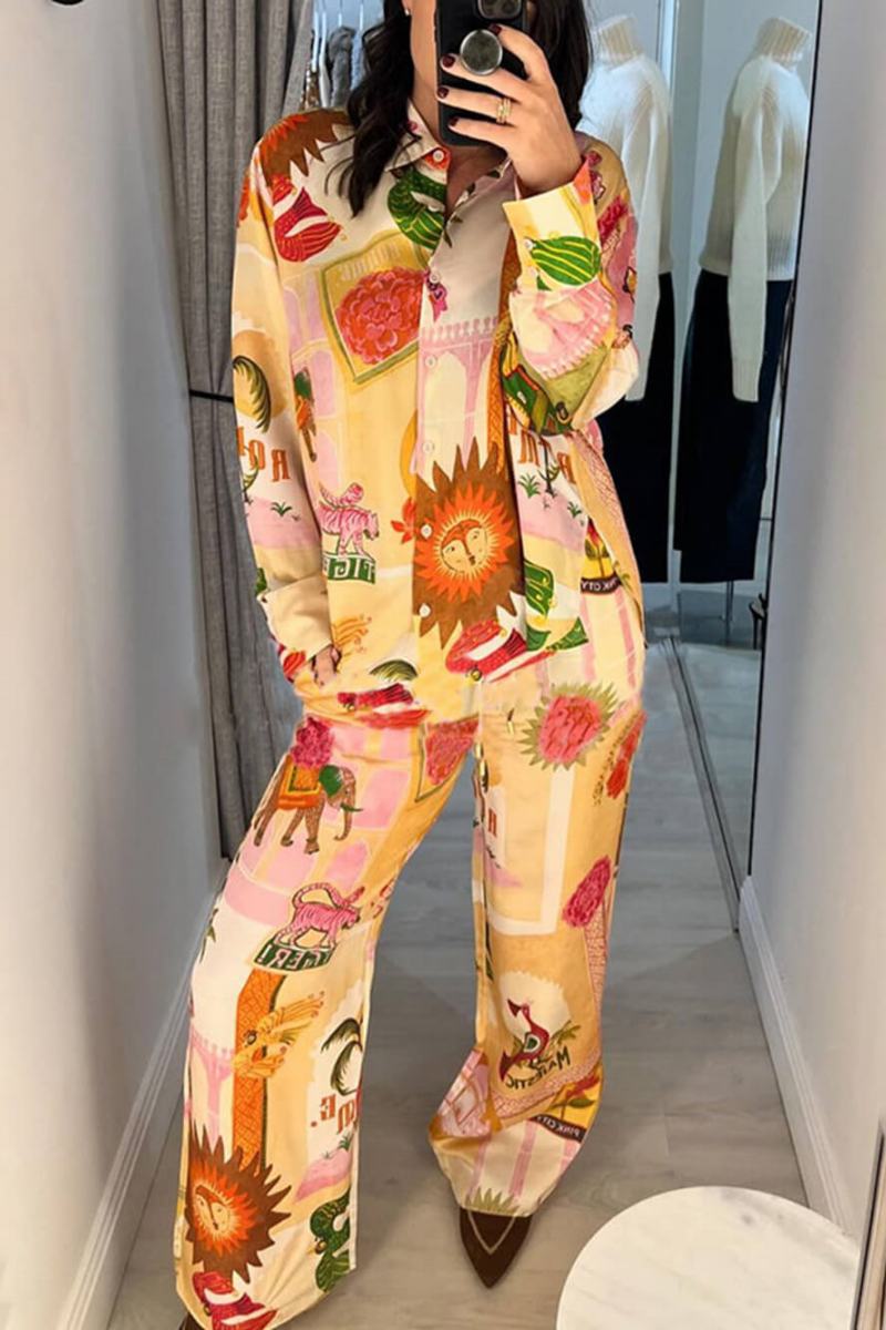 Distinctive Patterned Relaxed Shirt Top and Elastic Waist Loose Trousers Set