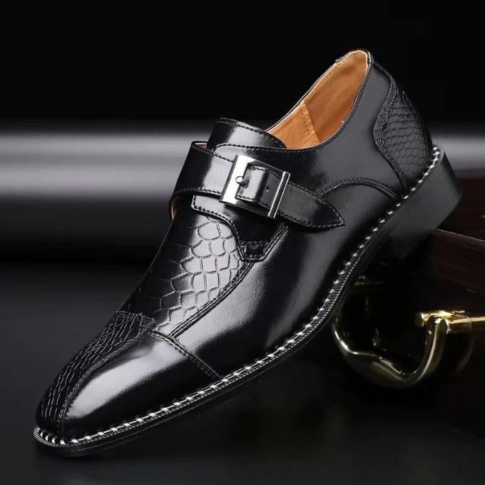 Full-Grain Leather Monk Strap Shoes with Embossed Texture