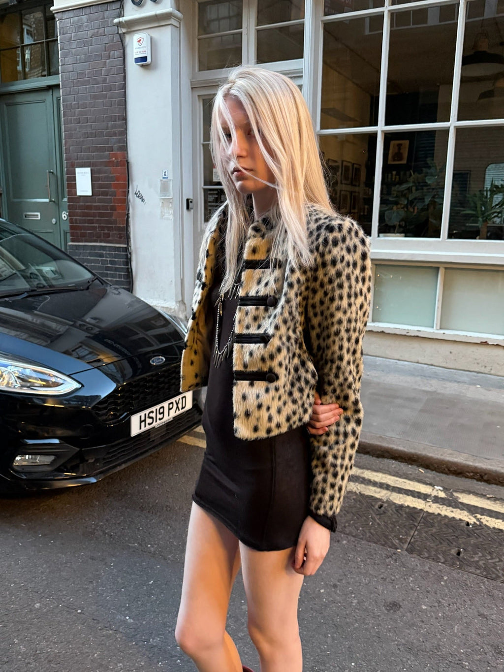 Oversized Cropped Faux Fur Jacket with Leopard Print