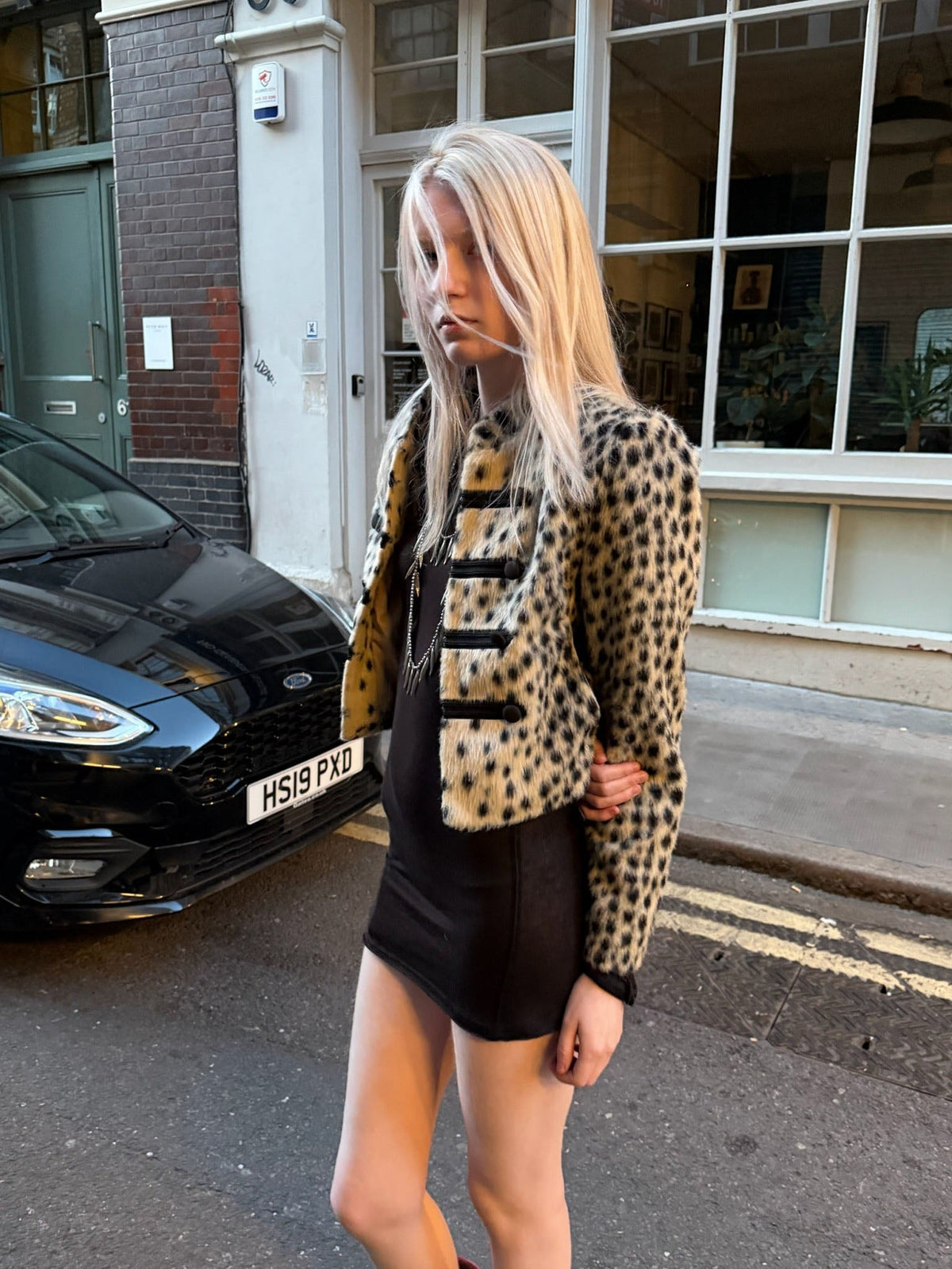 Oversized Cropped Faux Fur Jacket with Leopard Print