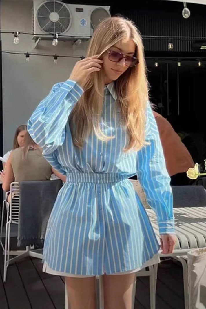 Coordinated Blue Relaxed Striped Shirt Shorts Set