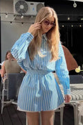 Coordinated Blue Relaxed Striped Shirt Shorts Set