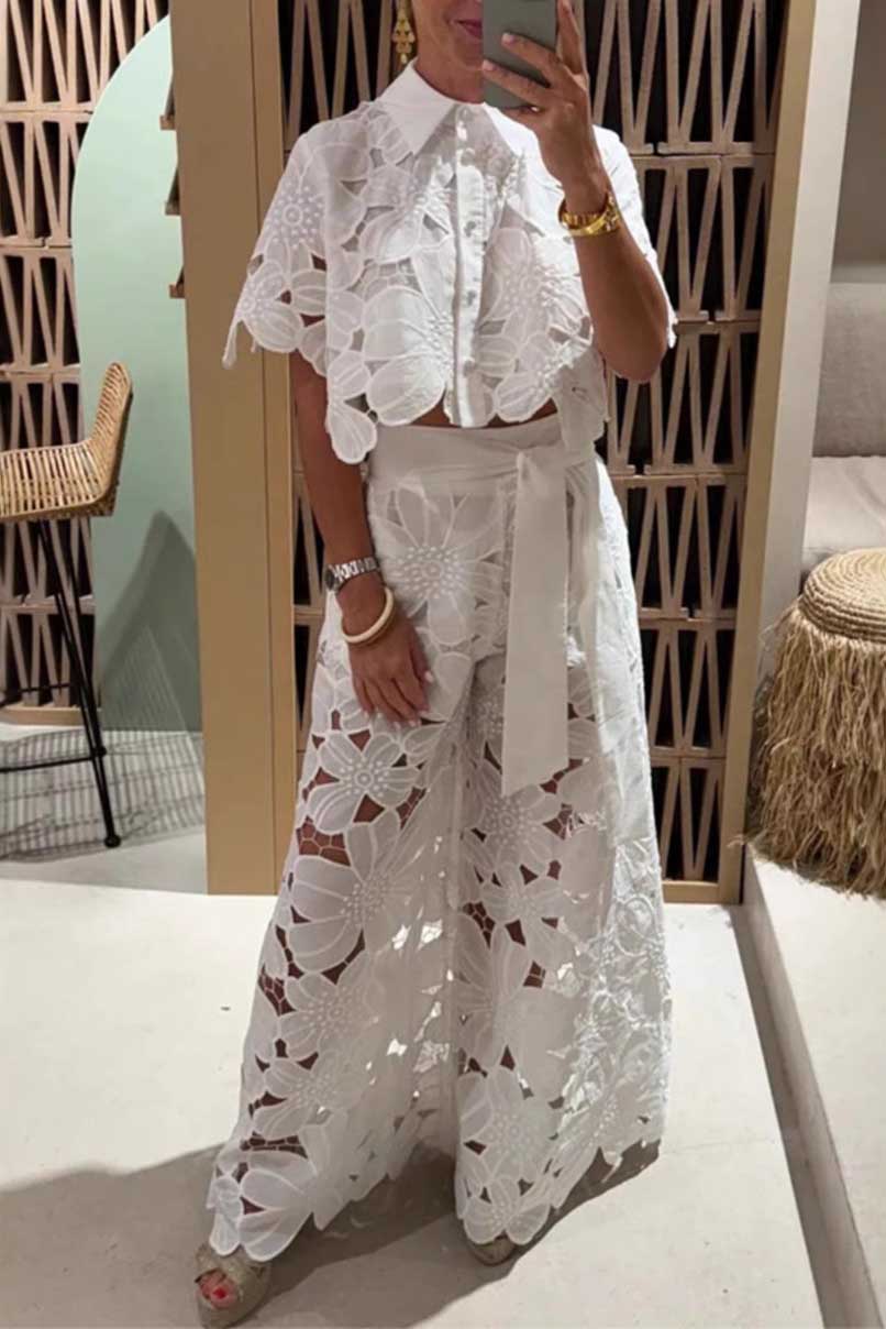 Solid Hollow Knit Cardigan Two-Piece Set