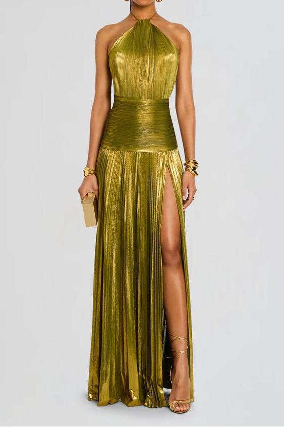 Thalia Metallic Peridot Maxi-Length Dress