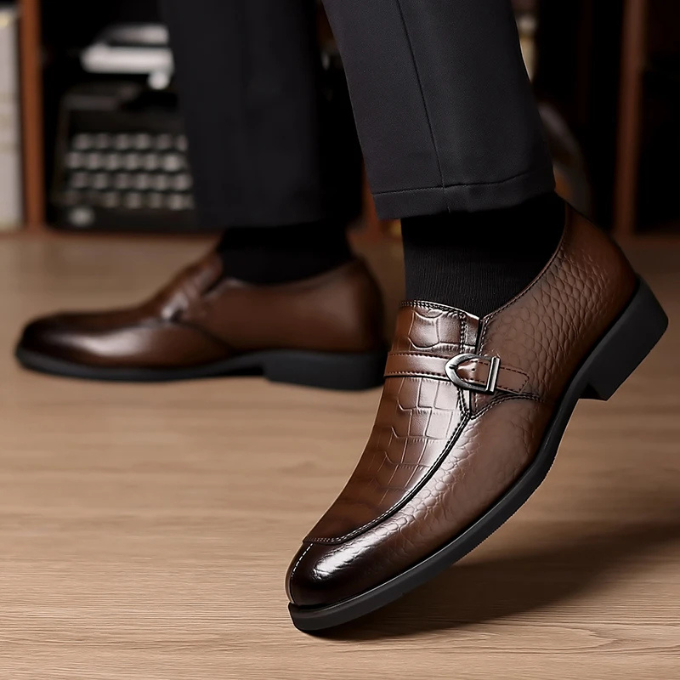 Polished Leather Monk Strap Shoes with Croc-Embossed Texture