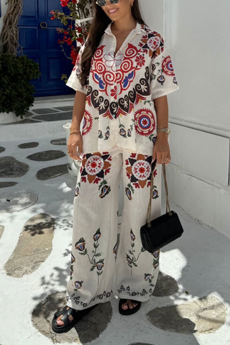 Distinctive And Exquisite Ethnic Flower Print Elastic Waist Pocket Wide-Leg Trousers-Set