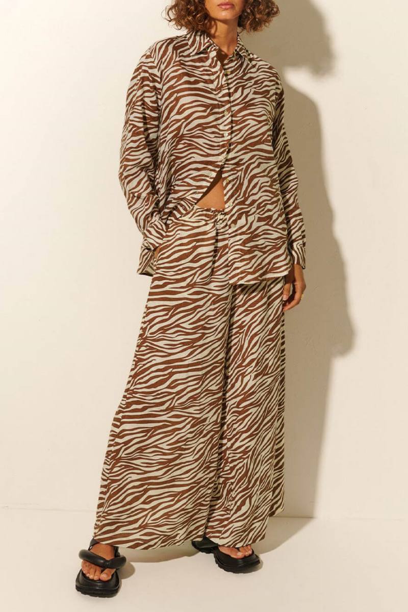 Button Open Collar Loose Zebra Print Drawstring Wide-Leg Trousers-Set