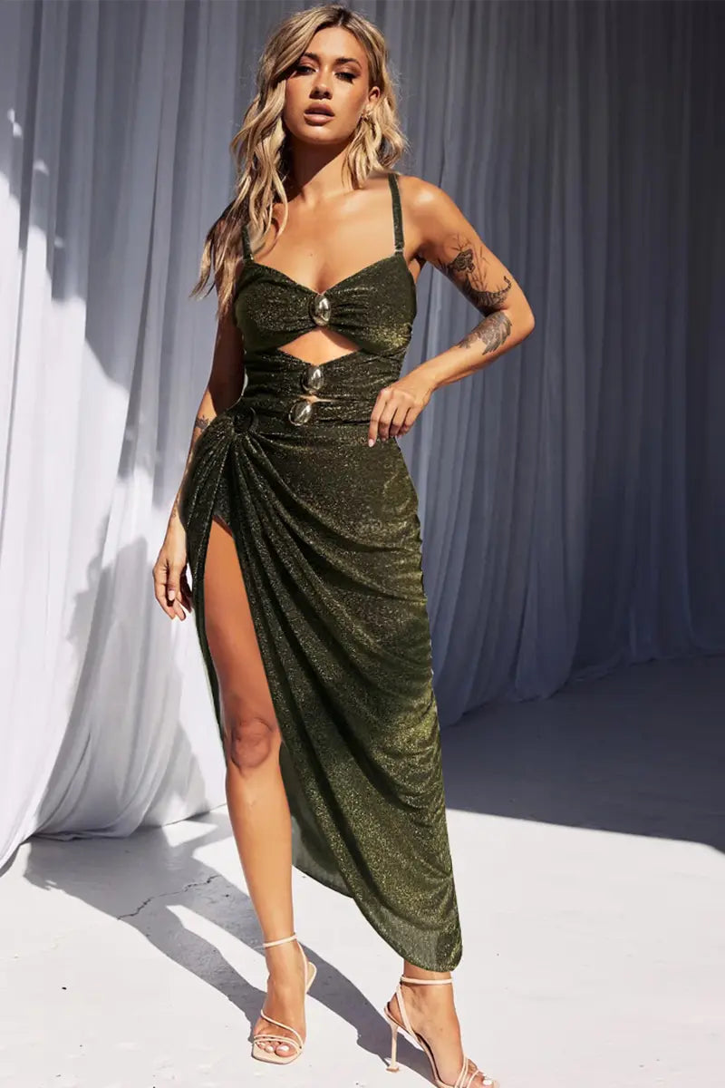Gold Buckle Cut-Out Glossy One Piece Swimwear Set